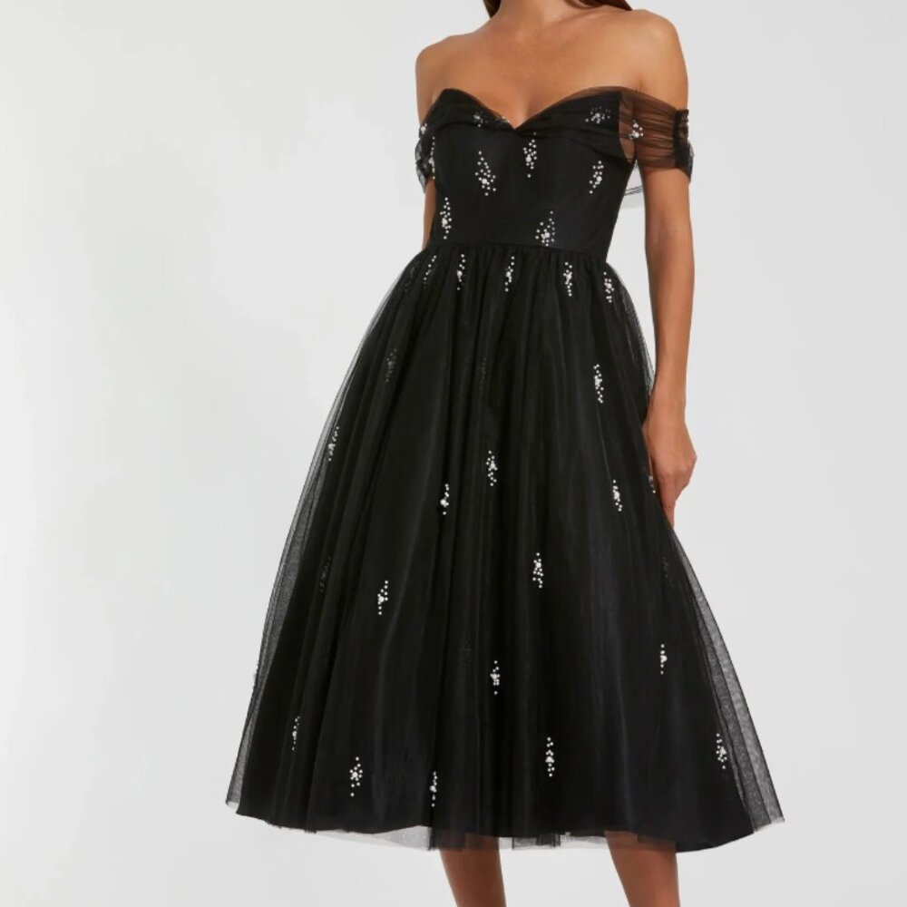 Black Tulle Off The Shoulder Pearl Embellished Cocktail Dress